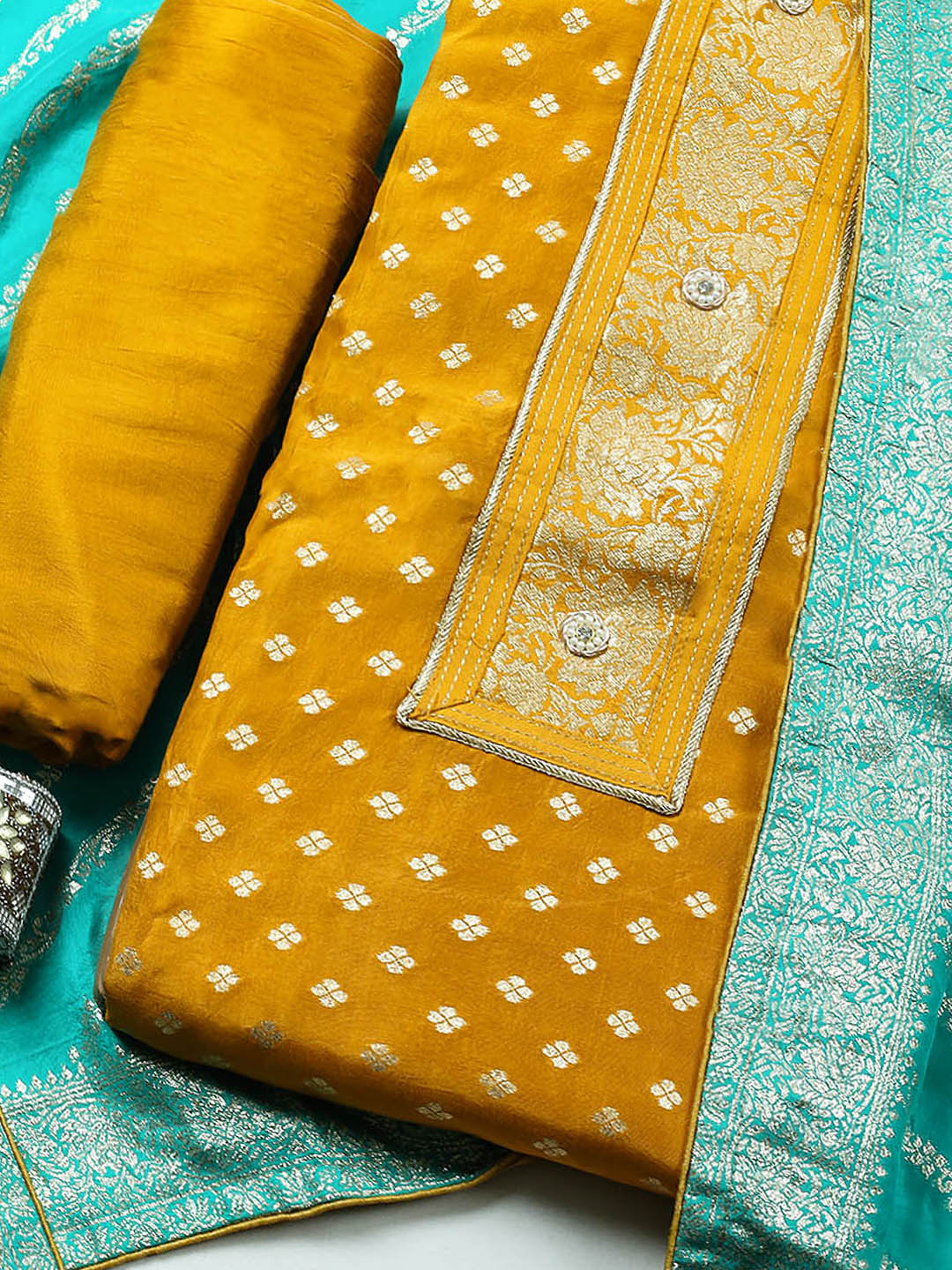 Woven Design Chanderi Unstitched Suit With Pant &amp; Dupatta