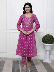 Printed Cotton Blend Kurta With Pants & Dupatta