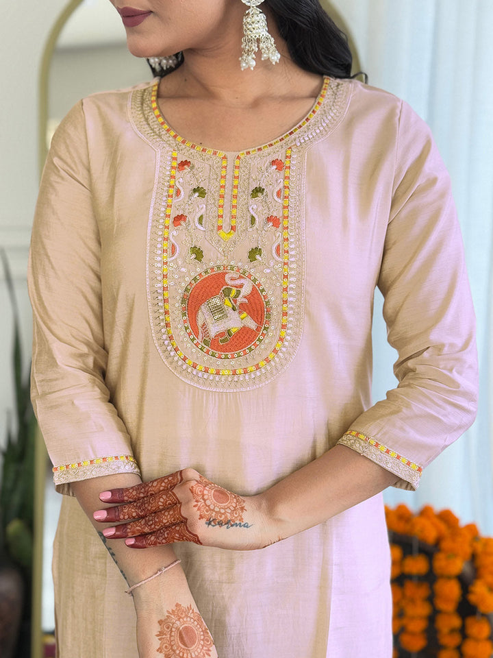 Embroidery Cotton Blend Kurta With Pants &amp; Dupatta