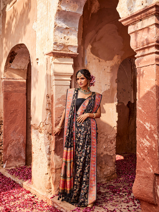 Kalamkari Multi Meena Jaal Woven Satin Saree