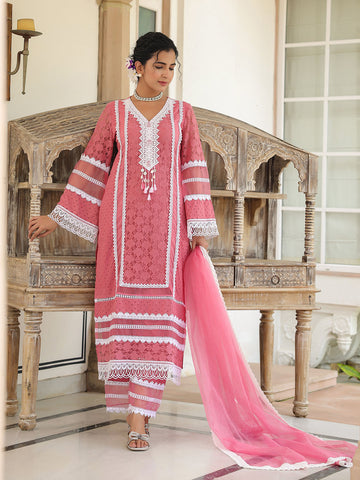 Embroidered Cotton Kurta With Pants & Dupatta