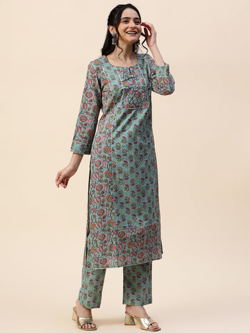 Floral Printed Formal Straight Cotton Kurta With Pants