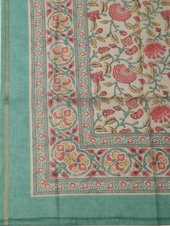 Printed Chanderi Unstitched Suit With Pant &amp; Dupatta