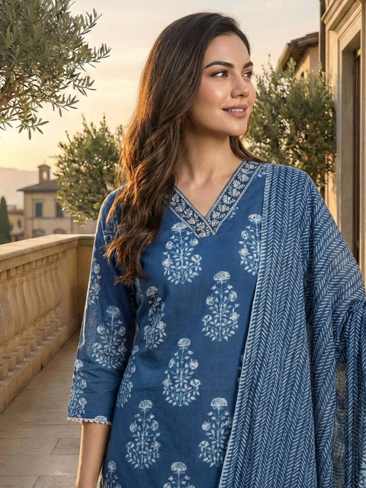 Printed Cotton Kurta With Pant &amp; Dupatta