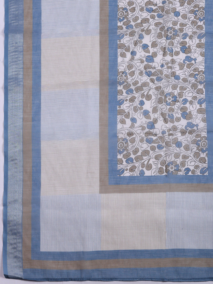 Printed Linen Blend Unstitched Suit With Pant &amp; Dupatta