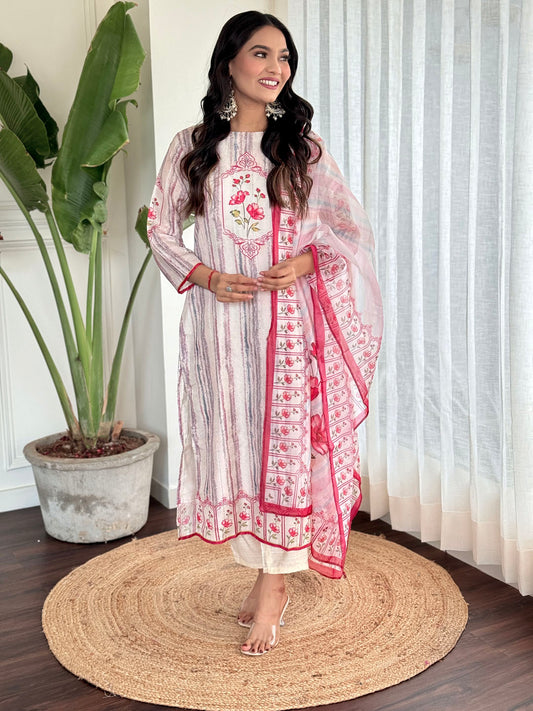 Printed Cotton Blend Kurta With Pants & Dupatta