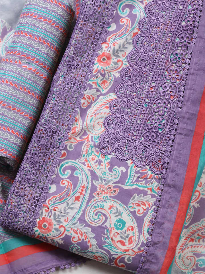 Embroidered Cotton Blend Unstitched Suit With Pant &amp; Dupatta