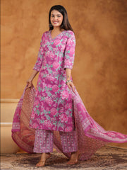 Printed Cotton Blend Kurta With Pants & Dupatta