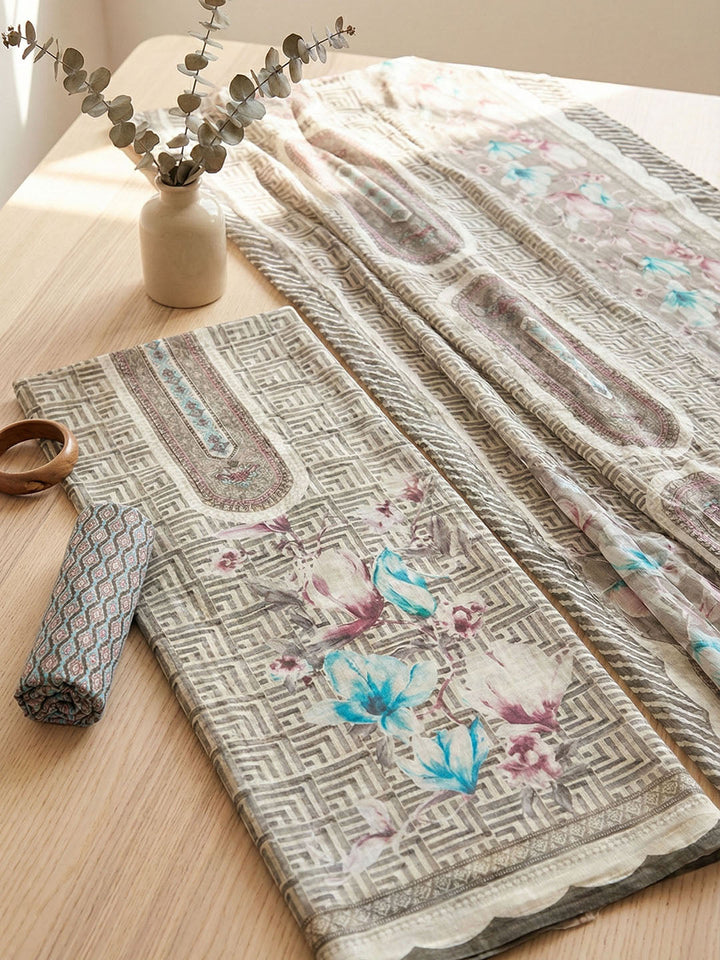 Embroidered Cotton Blend Unstitched Suit With Pant &amp; Dupatta