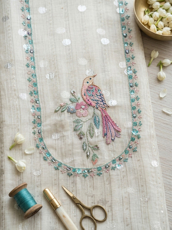 Embroidered Cotton Blend Unstitched Suit With Pant &amp; Dupatta