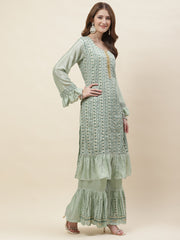 Resham Sequin Embroidered Art Silk Kurta With Sharara & Dupatta