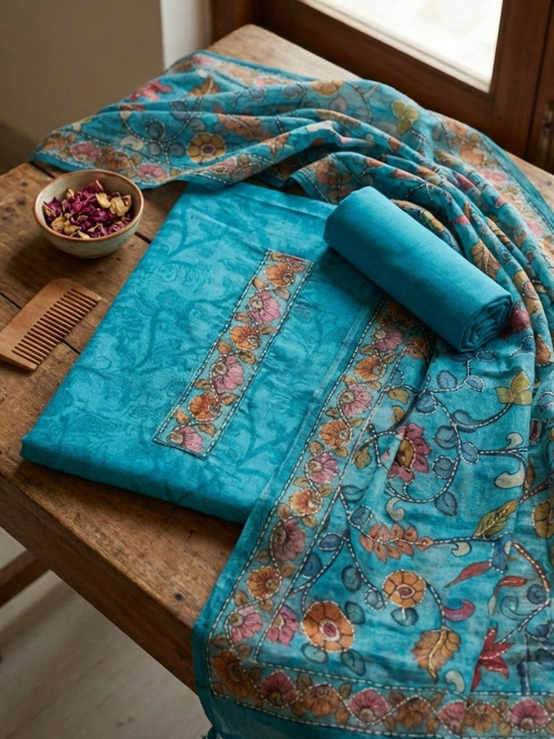 Printed Chanderi Unstitched Suit With Pant &amp; Dupatta
