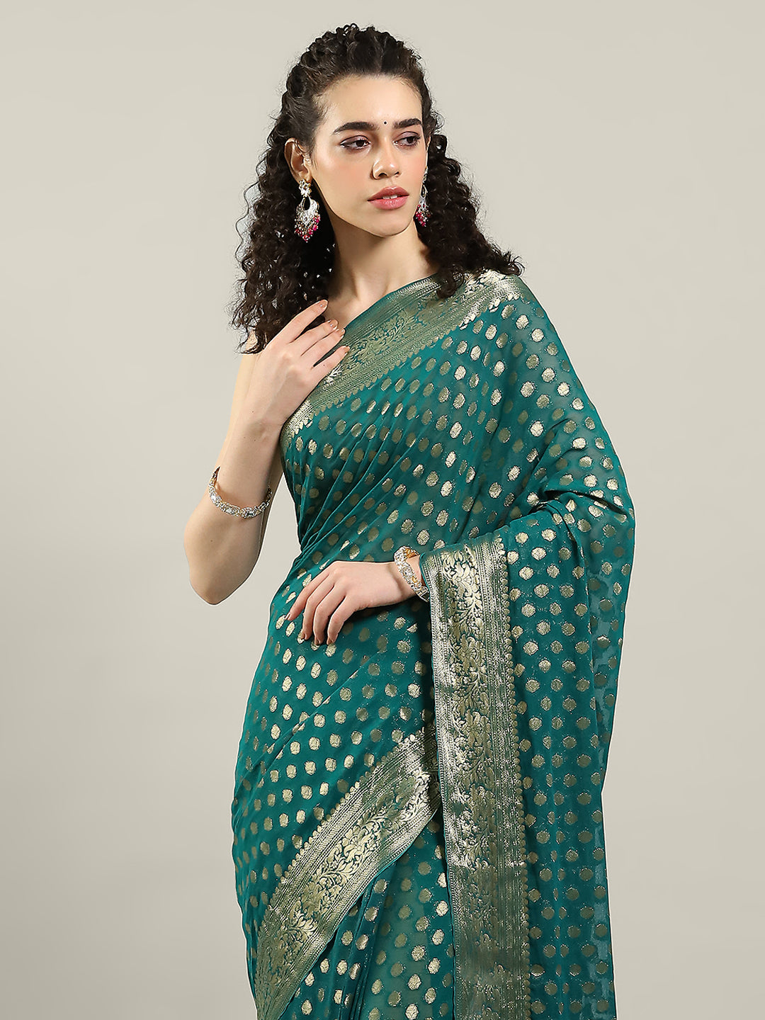 Zari Border Booti Chiffon Woven Saree