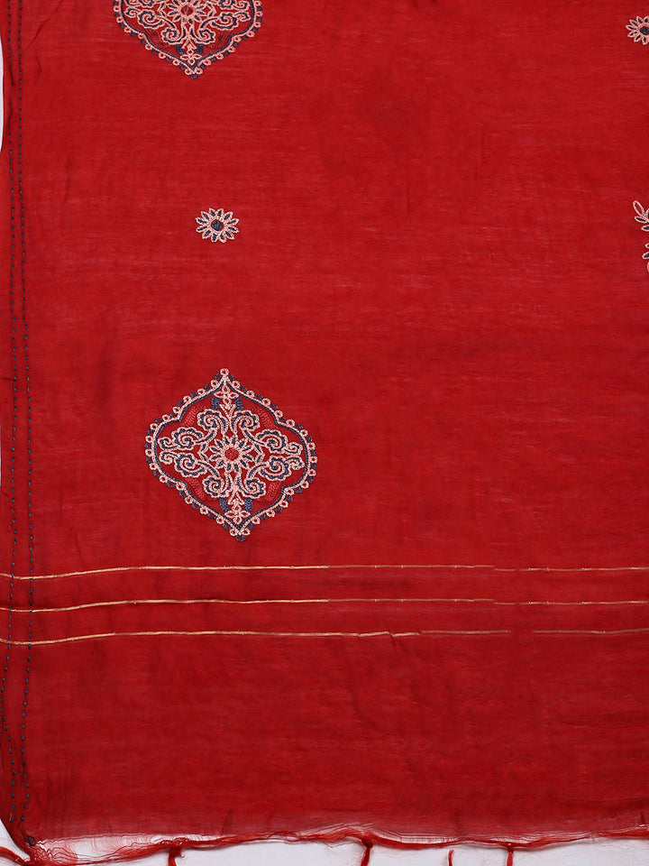 Embroidered Cotton Blend Unstitched Suit With Pant &amp; Dupatta