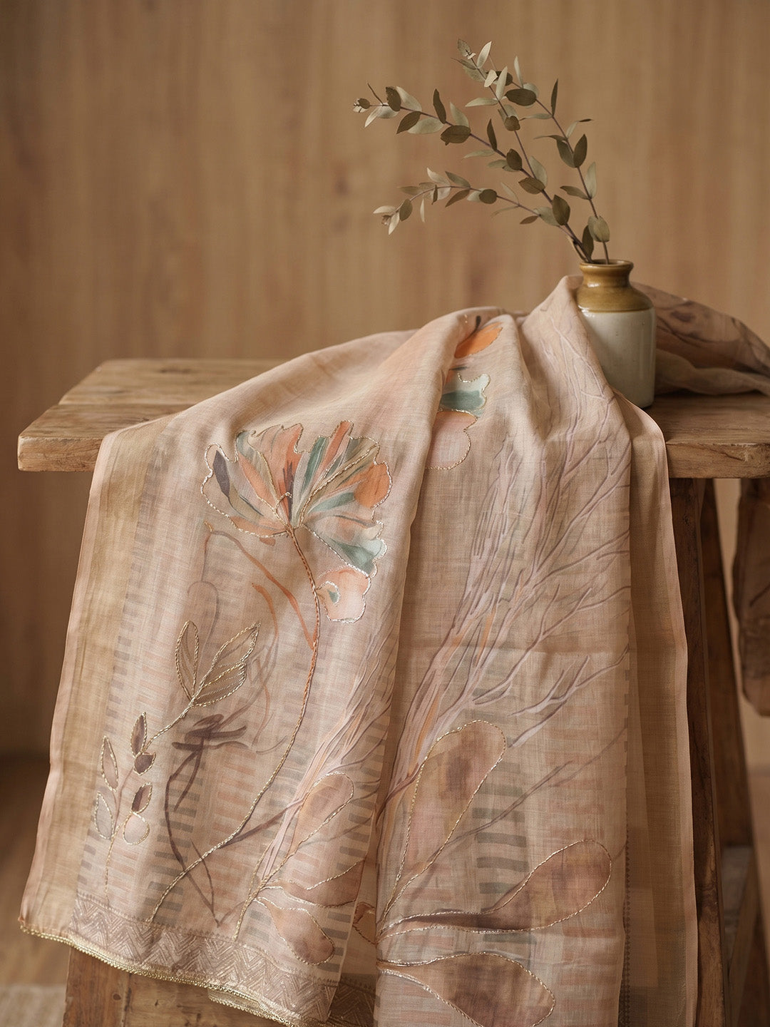 Printed Linen Blend Unstitched Suit With Pant &amp; Dupatta