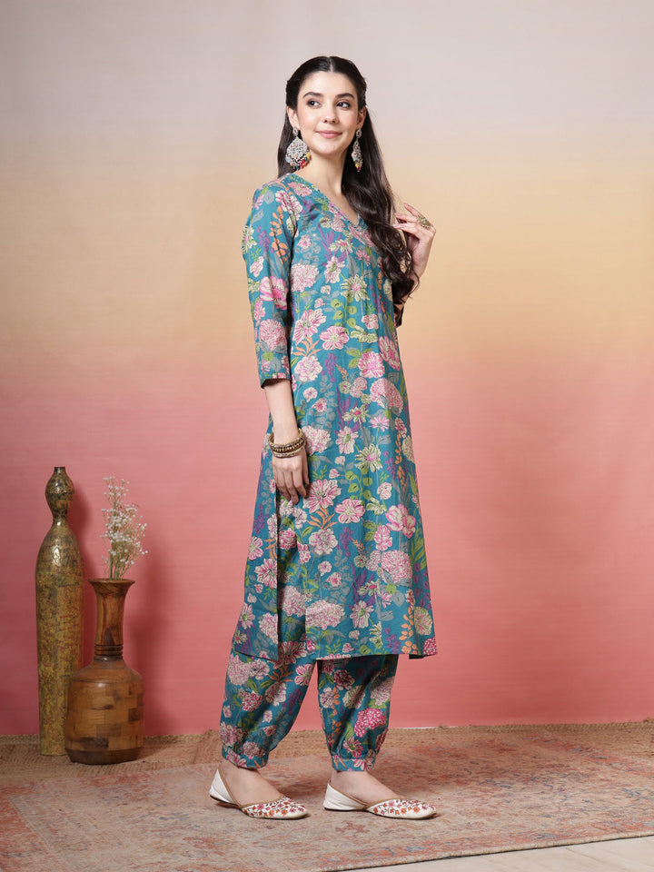 Embroidered Cotton Kurta With Pant &amp; Dupatta