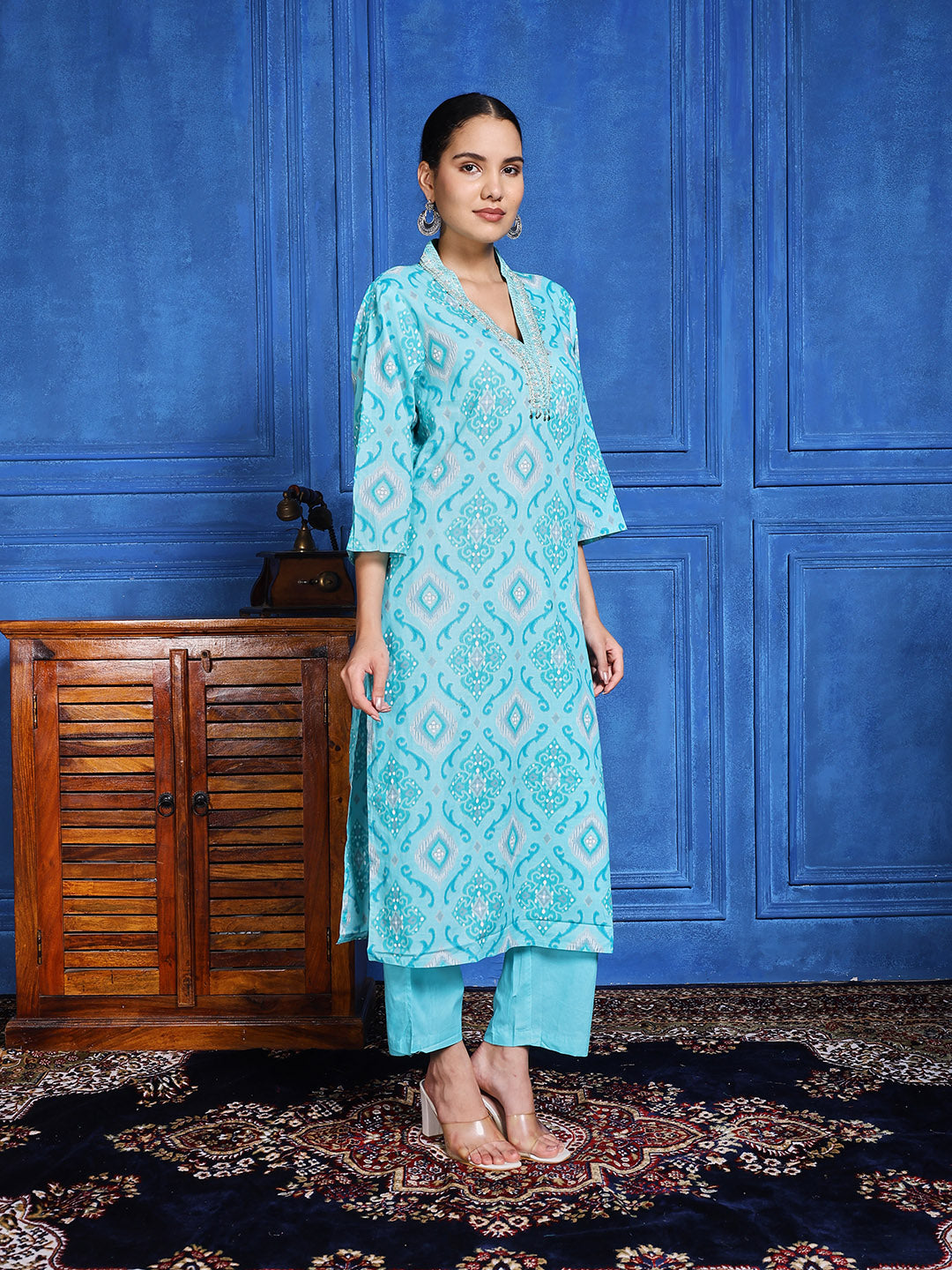 Printed Cotton Blend Kurta With Pants &amp; Dupatta