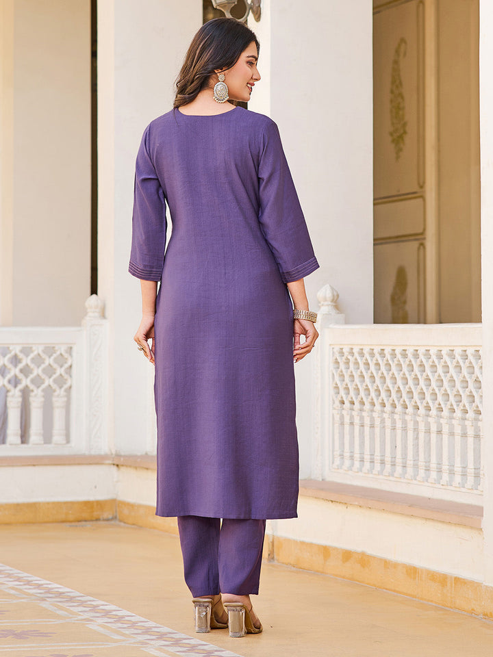 Neck Embroidery Cotton Blend Kurta With Pants &amp; Dupatta