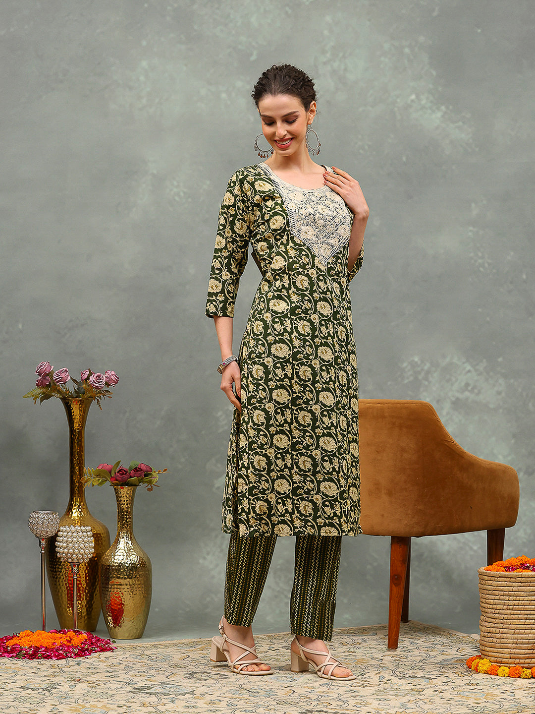 Printed Cotton Blend Kurta With Pants & Dupatta