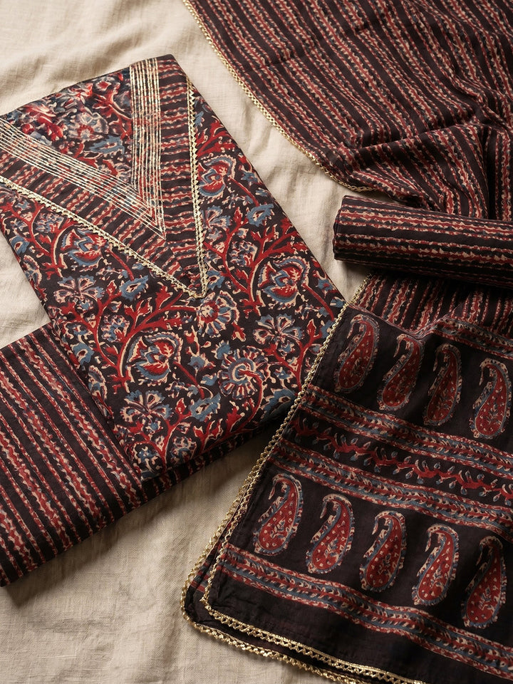 Printed Cotton Blend Unstitched Suit With Pant &amp; Dupatta