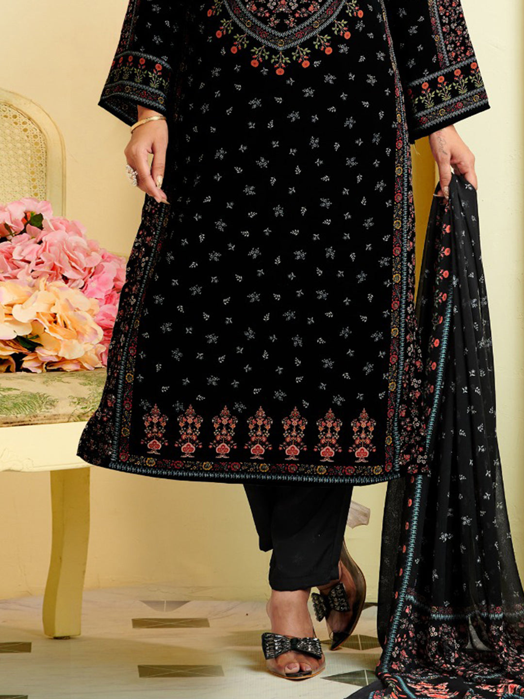 Printed Crepe Unstitched Suit With Pant &amp; Dupatta