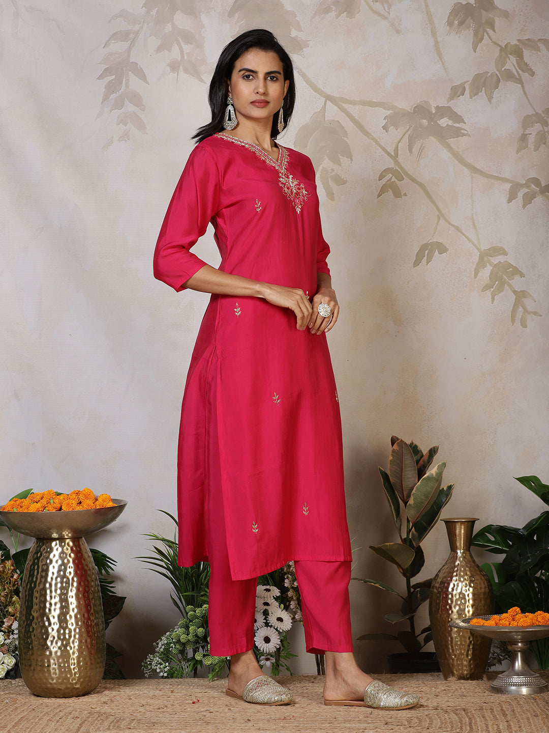 Embroidered Cotton Blend Kurta With Pants &amp; Dupatta