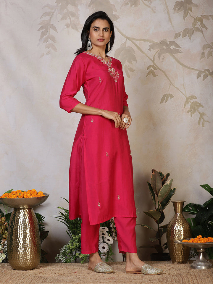 Embroidered Cotton Blend Kurta With Pants &amp; Dupatta