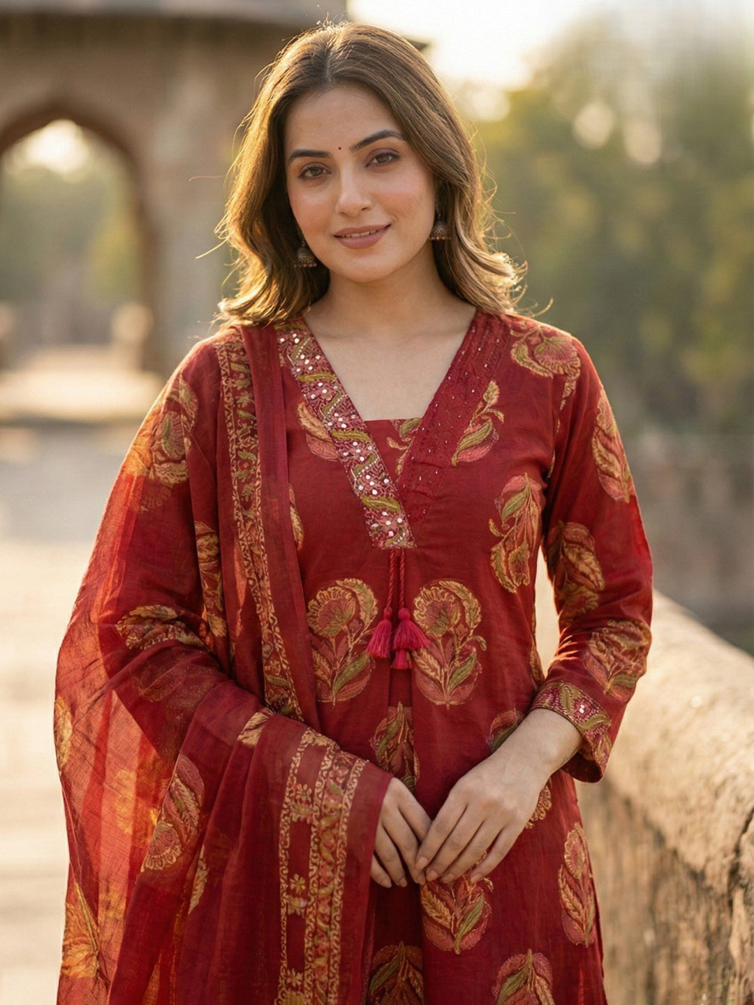 Red Cotton Blend Printed Straight Suit Set