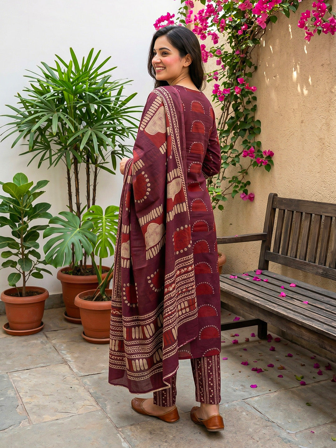 Red Cotton Blend Embroidered Straight Suit Set
