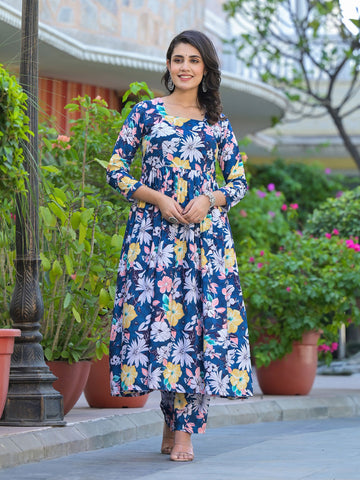 Floral Printed Cotton Kurta With Pants & Dupatta