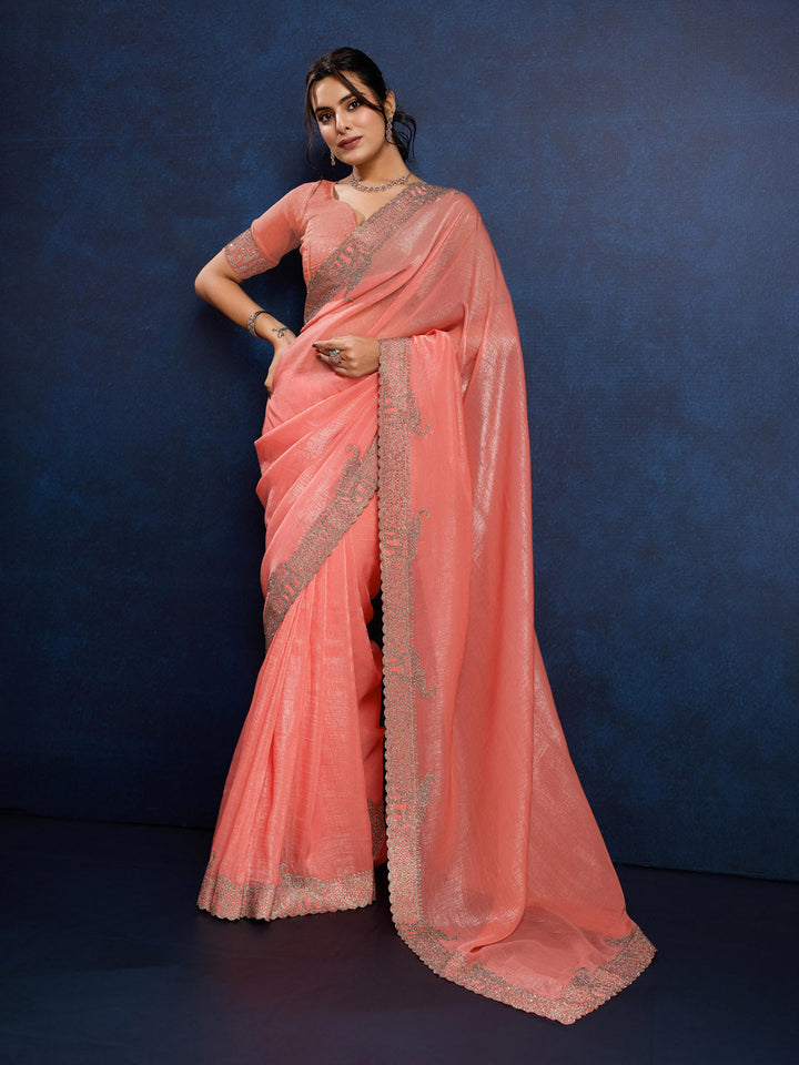 Stone Embroidery Chinon Saree