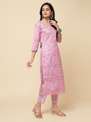 Floral Printed Cotton Kurta With Pants & Dupatta