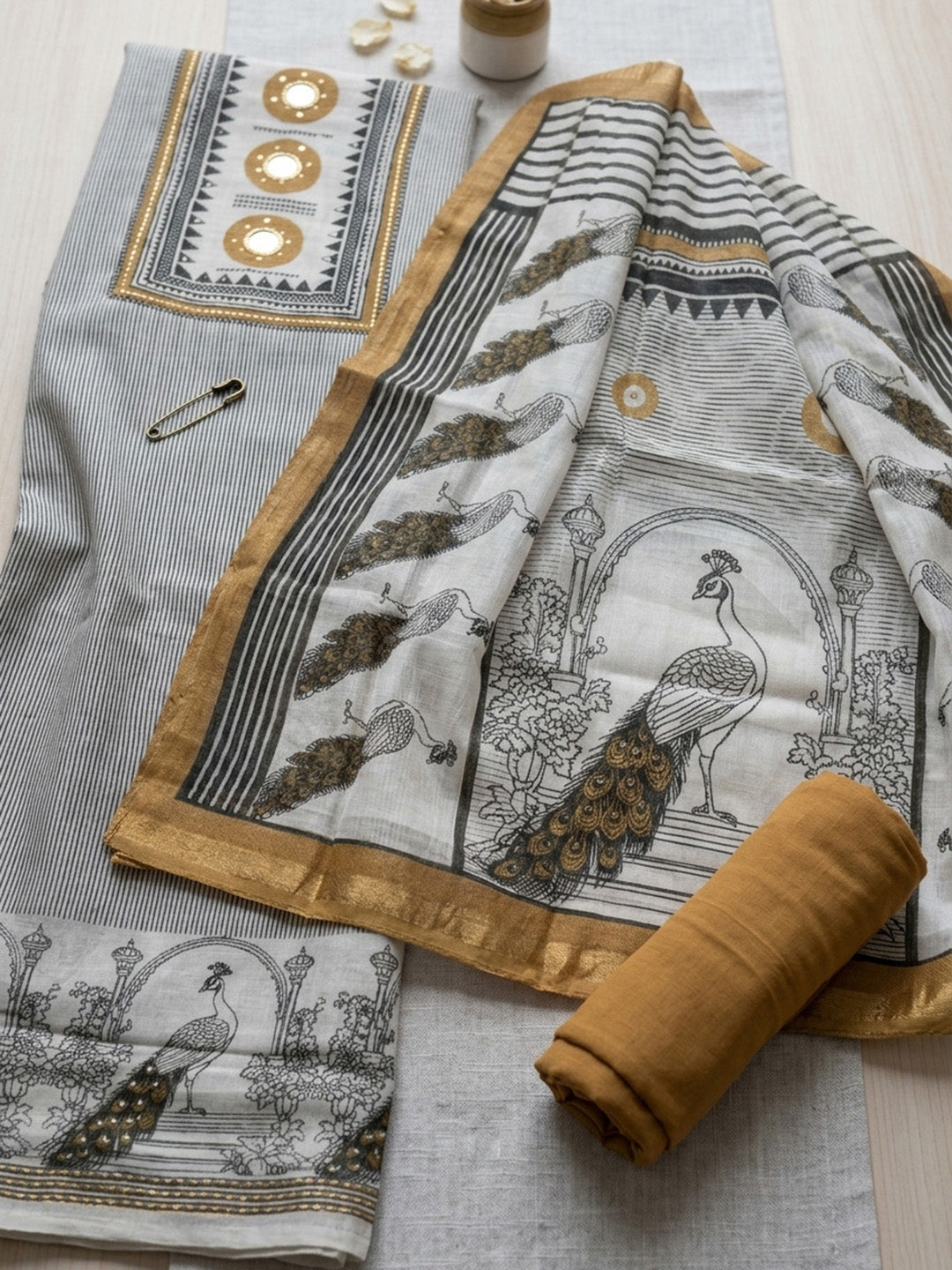 Embroidered Linen Blend Unstitched Suit With Pant &amp; Dupatta