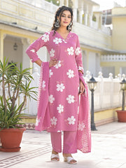 Printed Cotton Blend Kurta With Pants & Dupatta