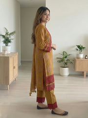 Embroidered Cotton Kurta With Pant & Dupatta
