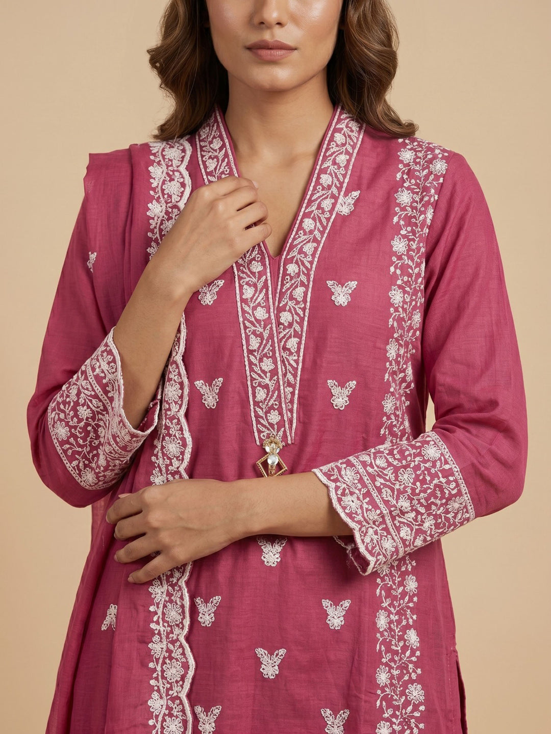 Rani Embroidered Cotton Blend Straight Round Neck Suit Set