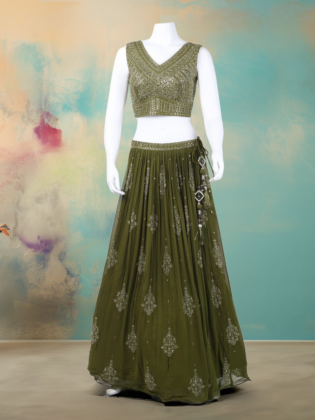 Resham Mirror Work Georgette Choli With Lehenga & Dupatta