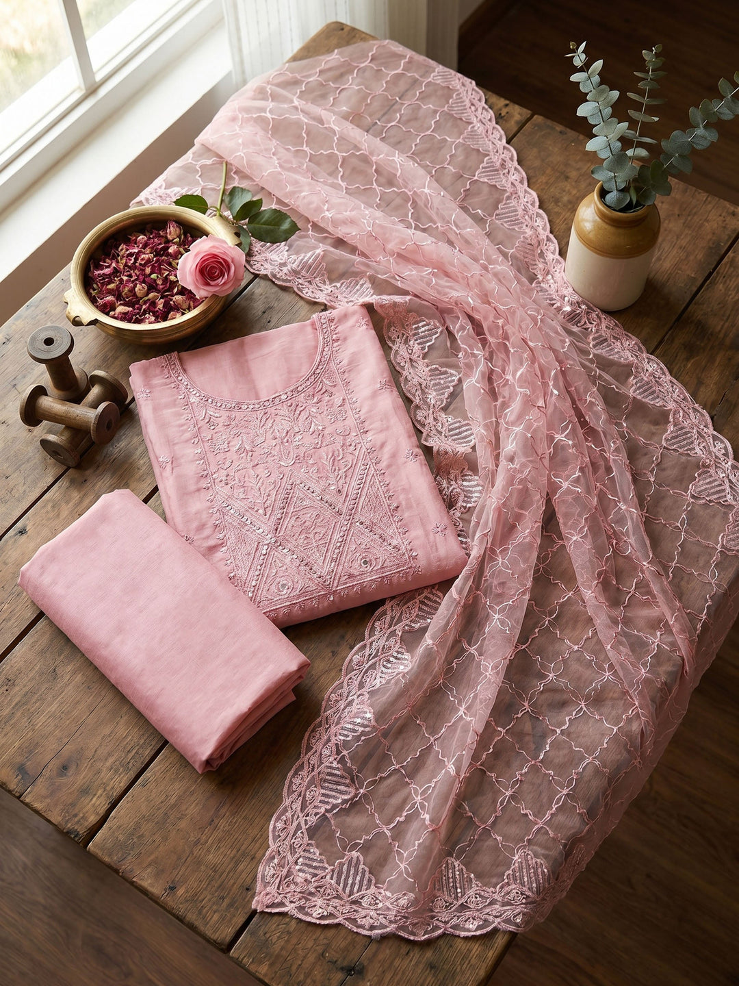 Neck Embroidered Chanderi Unstitched Suit With Dupatta