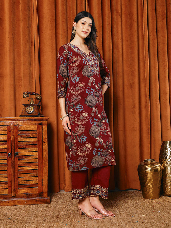 Printed Cotton Blend Kurta With Pants &amp; Dupatta