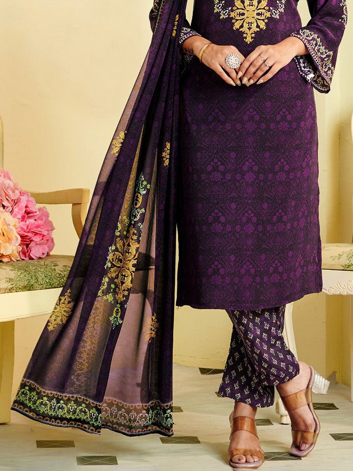Printed Crepe Unstitched Suit With Pant &amp; Dupatta