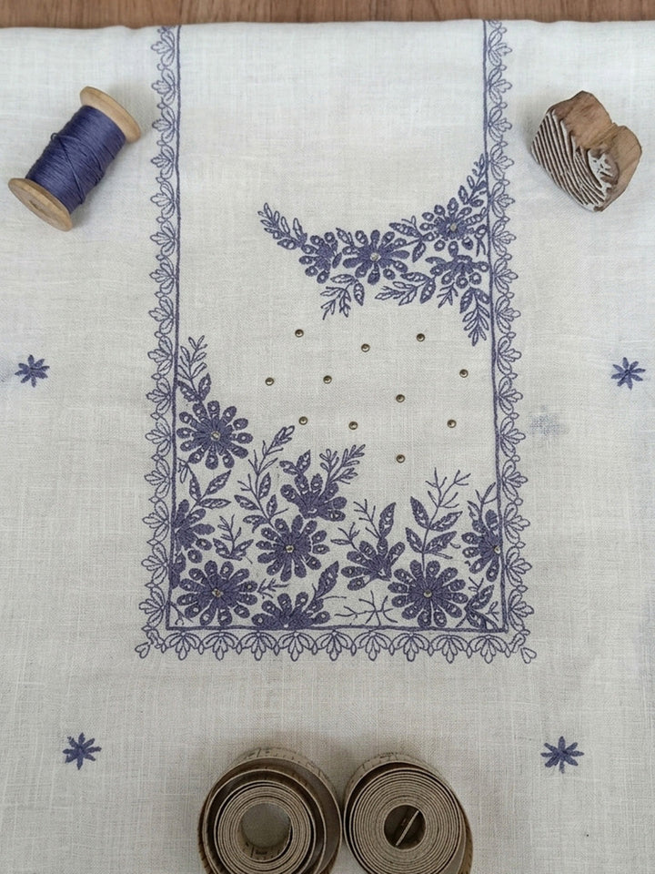 Printed Linen Blend Unstitched Suit With Pant &amp; Dupatta