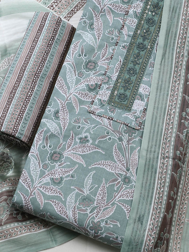 Printed Cotton Blend Unstitched Suit With Pant &amp; Dupatta