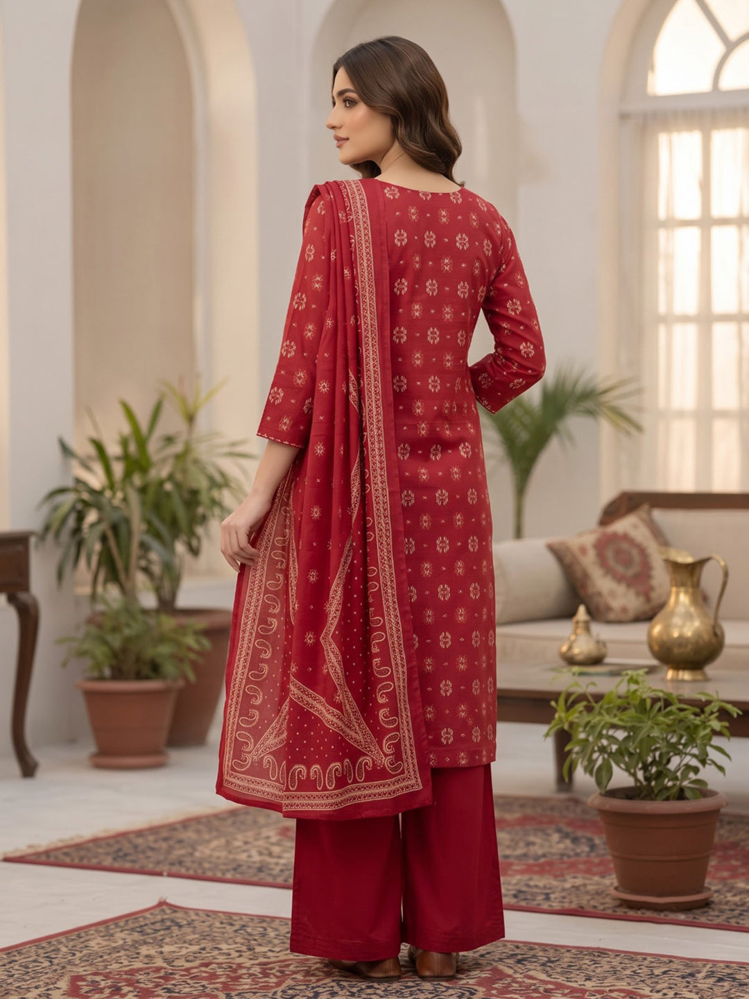 Red Printed Cotton Blend Kurta With Pant &amp; Dupatta