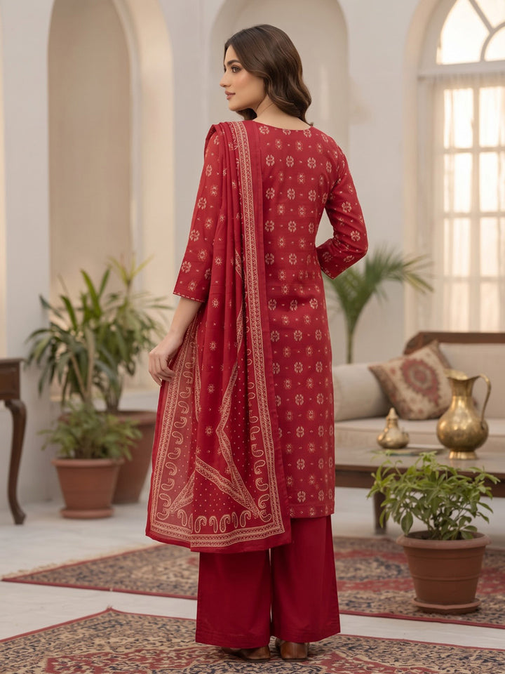 Red Printed Cotton Blend Kurta With Pant &amp; Dupatta