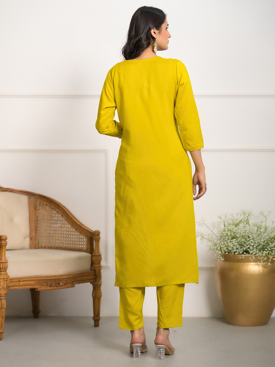 Neck Embroidered Muslin Kurta With Pants &amp; Dupatta