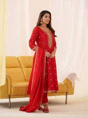 Embroidery Cotton Kurta With Pants & Dupatta