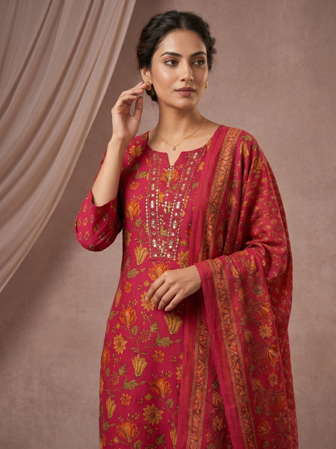 Red Embroidered Cotton Blend Straight Round Neck Suit Set