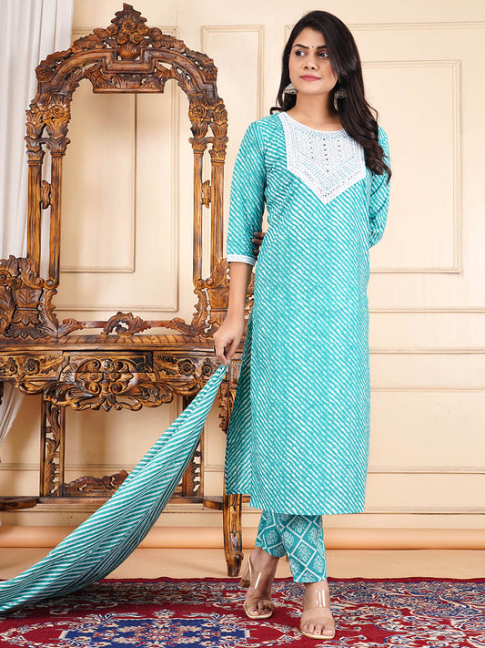 Neck Embroidery Cotton Blend Kurta With Pants & Dupatta