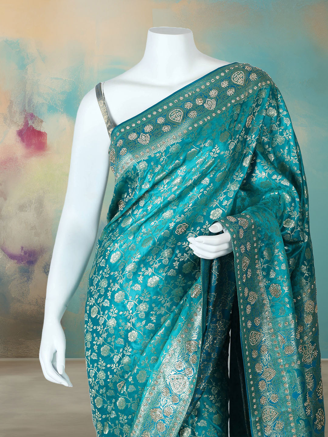 Stone Work Satin Embroidery Saree