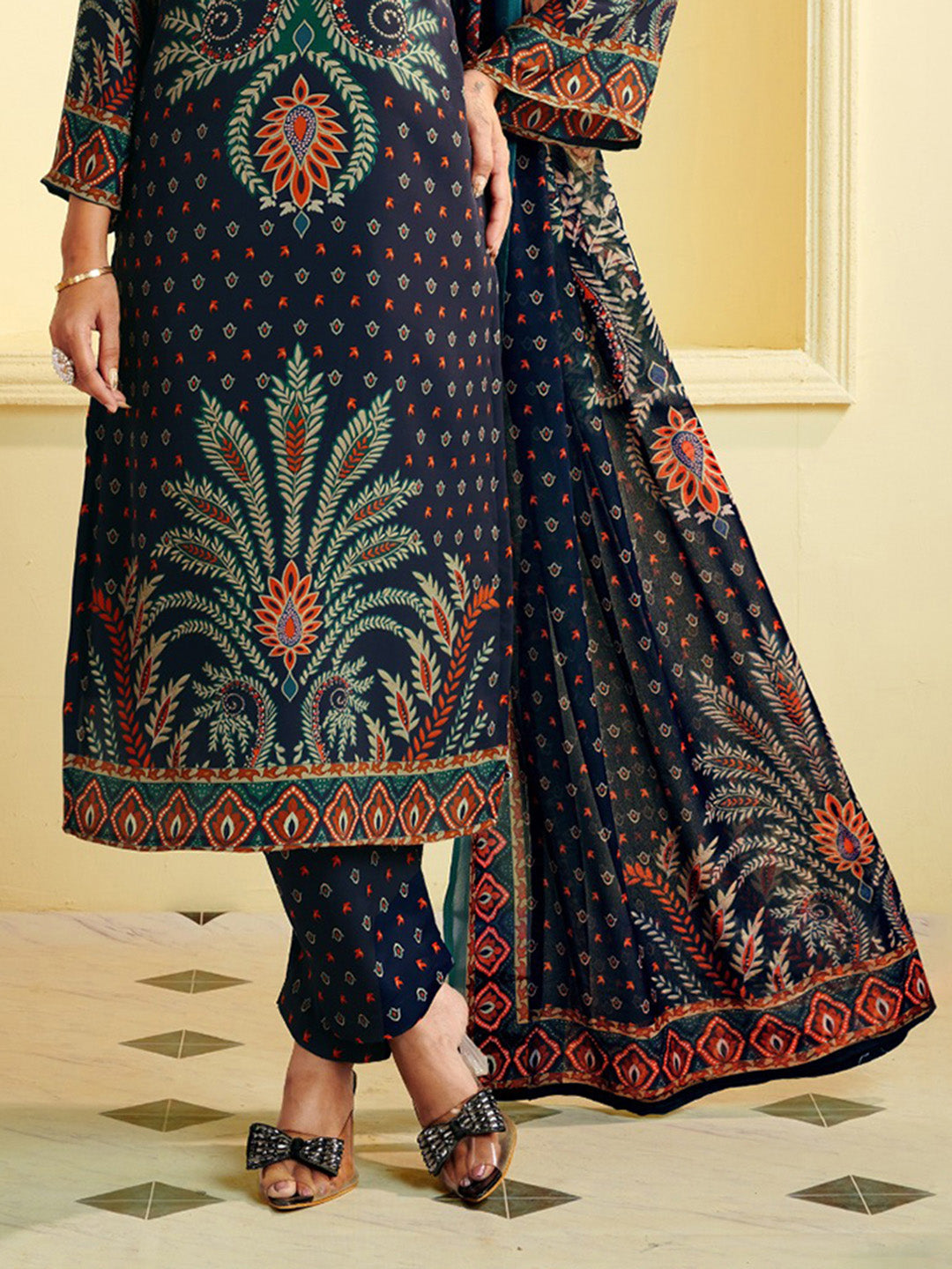 Printed Crepe Unstitched Suit With Pant &amp; Dupatta